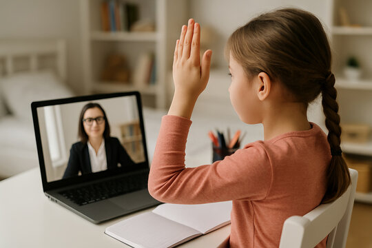 Young girl attending an online lesson at home using a laptop in a cozy room setting. concept of distance learning, education technology, virtual classroom experience - Powered by Adobe