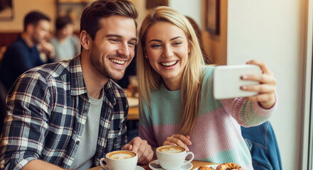 Young caucasian couple taking selfie in a cozy cafe while enjoying coffee together. concept of social interaction, coffee culture, modern lifestyle