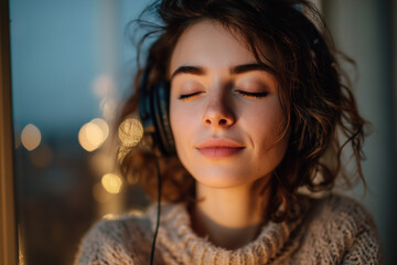 Fototapeta premium Young woman in a cozy sweater listens to music with headphones, eyes closed and a serene smile beside warm bokeh lights — peaceful evening at home