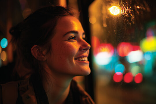 Young woman smiling at a rainy city window at night, warm neon reflections and colorful bokeh creating a dreamy urban mood