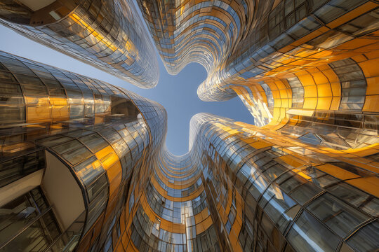Golden Glass Towers Looking Up: Curved Skyscraper Facades with Reflective Panels and Futuristic Symmetry Against a Clear Blue Sky - Powered by Adobe