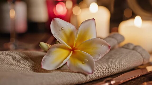 pomelia - A beautifully arranged table setting featuring soft candlelight, elegant utensils, and a vibrant plumeria flower resting on a textured linen napkin, creating a warm and inviting atmosphere