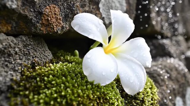 pomelia - A delicate white flower with yellow accents rests on a bed of vibrant green moss, nestled against a rugged stone wall, glistening with droplets of water after a fresh rain