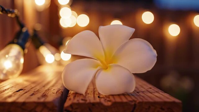 pomelia - A delicate white flower with yellow accents rests on a rustic wooden surface, surrounded by softly glowing fairy lights that create a warm and inviting atmosphere in the evening
