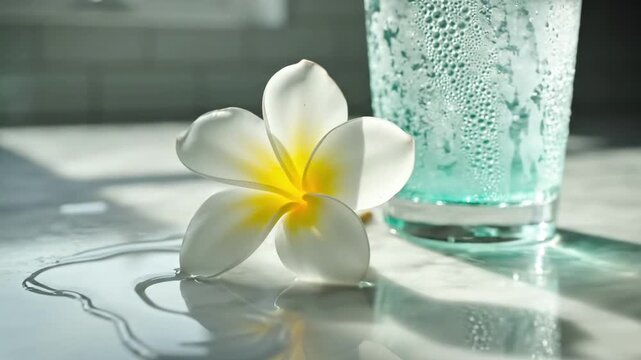 pomelia - A serene scene featuring a clear glass of sparkling water accompanied by a delicate white flower with yellow accents, resting on a reflective countertop illuminated by natural light