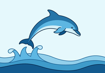 Fototapeta premium Cartoon Dolphin Leaping Over Ocean Waves Illustration.