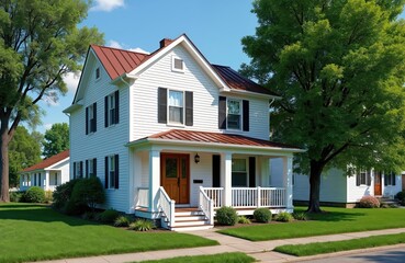 Fototapeta premium Classic American two-story home with white vinyl siding, red metal roof. Features black shutters on windows, welcoming porch with white railings, neatly manicured lawn. Surrounded by green trees on