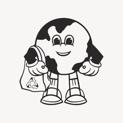 Earth character, retro line illustration