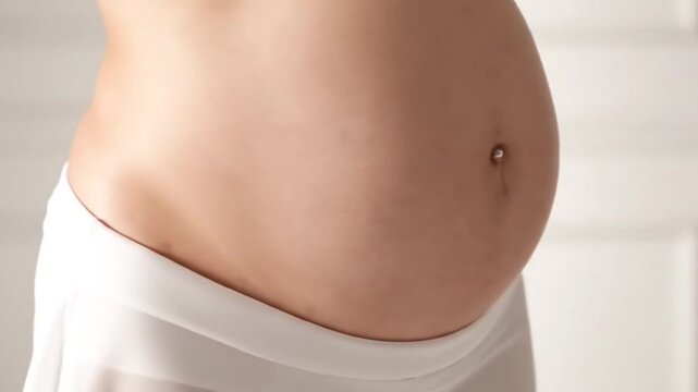 Pregnant Woman Belly with Navel Ring and White Fabric on a White Background