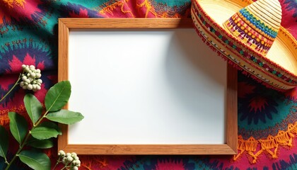 Wooden picture frame rests on colorful Mexican textile. Traditional sombrero hangs from frame corner. Fresh green leaves, white berries add natural element. Offers copy space for text photos,