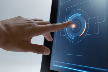 Human hand touching futuristic digital interface with glowing blue circle and high tech innovation concept