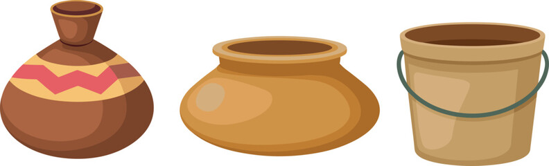 Traditional vessel and container vector illustration set, patterned pot, clay jar, rope-handled bucket, cultural storage design, household item template