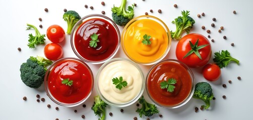 Collection of assorted sauces in bowls including ketchup, mayonnaise, mustard. Garnished with fresh parsley, tomatoes, broccoli florets, peppercorns on white background. Offers variety for burgers,