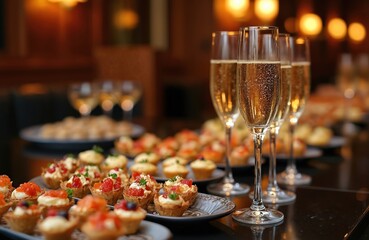 Elegant banquet table setting featuring canapes and champagne flutes, perfect for upscale gatherings and celebrations. Delicious appetizers and sparkling wine create festive atmosphere for any event.