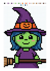 Halloween witch, coloring page by numbers. Activity game for kids. Handouts for school children. Holidays drawing activities for kids. Pixel art witch vector illustration