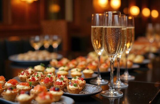 Elegant banquet table setting featuring canapes and champagne flutes, perfect for upscale gatherings and celebrations. Delicious appetizers and sparkling wine create festive atmosphere for any event.
