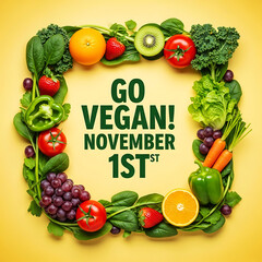 World Vegan Day, November 1st. Fresh fruit and vegetable frame border on yellow background.
