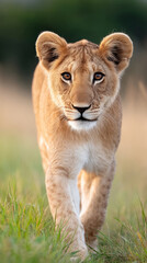 Obraz premium Young lion cub strolling through grassland at low angle perspective