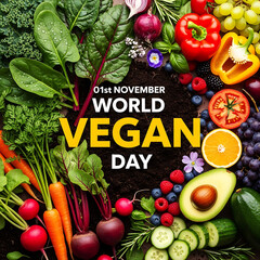 World Vegan Day, 01st November. Frame of fresh vegetables and fruits on dark earth background.
