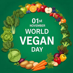 World Vegan Day, 01st November. Frame of fresh vegetables and fruits on dark earth background.
