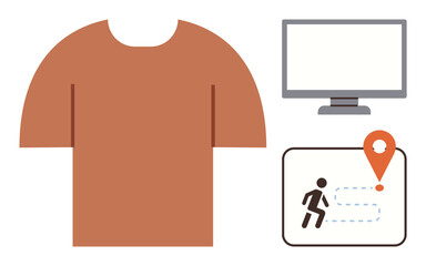 Brown T-shirt alongside a flat monitor and fitness tracker design showing a runner and destination pin with a path. Ideal for fitness, tracking, outdoor activity, technology, sportswear, health apps