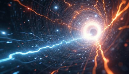 Illustration wormhole, theoretical spacetime tunnel. Bright light emanates from distant end. Swirling energy, streaks of blue, orange lightning, small stars fill tunnel. Abstract sci-fi concept.