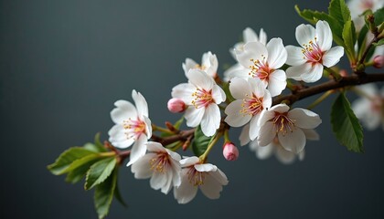 Obraz premium Delicate white cherry blossoms with pink centers, yellow stamens grace dark background. Branch displays blooming flowers, green leaves, suggesting spring arrival. Fragile petals, detailed closeup,