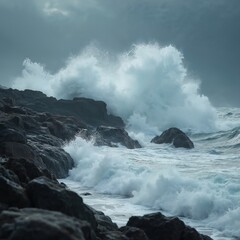 Tumultuous ocean waves crash against rugged, weathered rocks on rocky shore. Powerful, frothy surf collides with stones under overcast, stormy sky. Dynamic water motion creates dramatic coastal