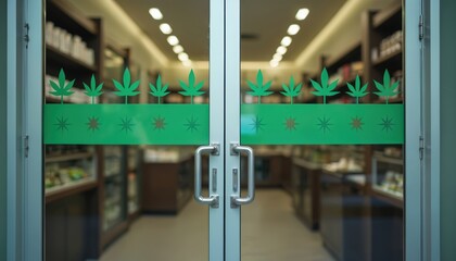 Naklejka na ściany i meble Glass doors with cannabis leaf pattern decorations lead to legal dispensary interior. Shelves stocked with products visible inside modern retail establishment. Entrance signifies legitimate market Naklejka na ściany i meble Glass doors with cannabis leaf pattern decorations lead to legal dispensary interior. Shelves stocked with products visible inside modern retail establishment. Entrance signifies legitimate market