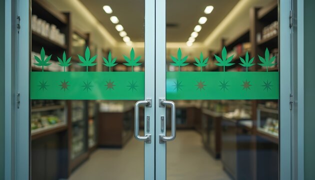 Glass doors with cannabis leaf pattern decorations lead to legal dispensary interior. Shelves stocked with products visible inside modern retail establishment. Entrance signifies legitimate market