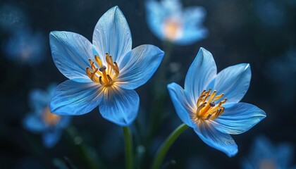 Bluebell flowers glow with luminous translucence against dark background. Glassy petals mimic ice, liquid, creating surreal fantasy effect. Macro detail highlights delicate stamen, offering abstract