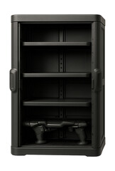 Sturdy plastic cabinet with strong shelves, ideal for organizing power tools in a shed.
