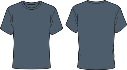 Dark blue t-shirt vector illustration set, front and back views, short sleeves, crew neckline, plain garment, fashion design, apparel template
