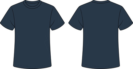 Navy blue t-shirt vector illustration set, front and back views, short sleeves, crew neckline, casual clothing design, apparel template