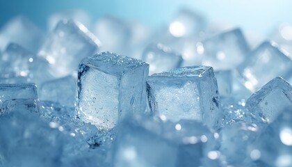 Close-up abstract illustration of ice cubes, crushed ice creating cool, crisp texture. Transparent blue, white elements with shiny, wet surfaces suggest cold drinks, winter themes, refreshing