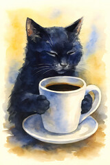 Watercolor Cats with Coffee