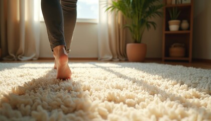 Barefoot woman walks on soft carpet in cozy room interior. Legs close-up on fluffy white rug. Home comfort, relaxation, warmth. Bright sunlight, home decor.