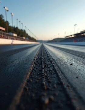 Low angle view of a drag strip at dawn with racing lights and distant finish line. The wet asphalt surface shows tire tracks, creating a perspective that emphasizes speed and competition.