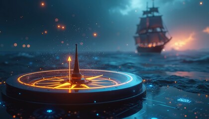 Digital compass guides ship through economic challenges. Financial concept, budget navigation, business strategy. Ocean sea with sailing boat. Metaphor for fiscal responsibility financial planning.