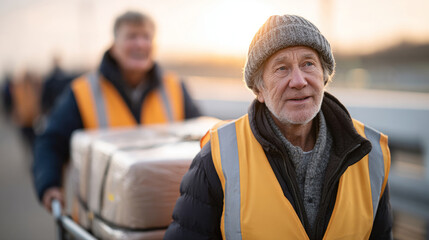 Dedicated airport staff ensuring safe luggage transport at sunrise