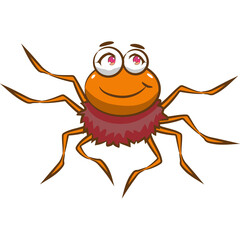 Funny Cartoon Orange Spider with Big Pink Eyes and Fluffy Body Smiling on Transparent Background