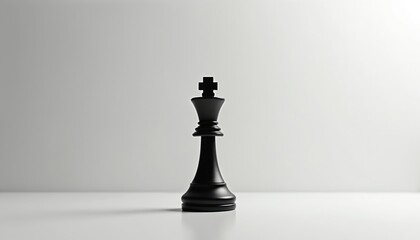 Black chess king piece stands alone on minimalist background. Represents strategy, solitude, leadership in classic tabletop game. Royalty, victory, intellectual challenge with timeless appeal.