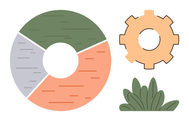 Segmented circular chart, orange gear, and decorative greenery. Ideal for workflow, productivity, data analysis, teamwork, business growth education and simplicity in design. Clean flat metaphor