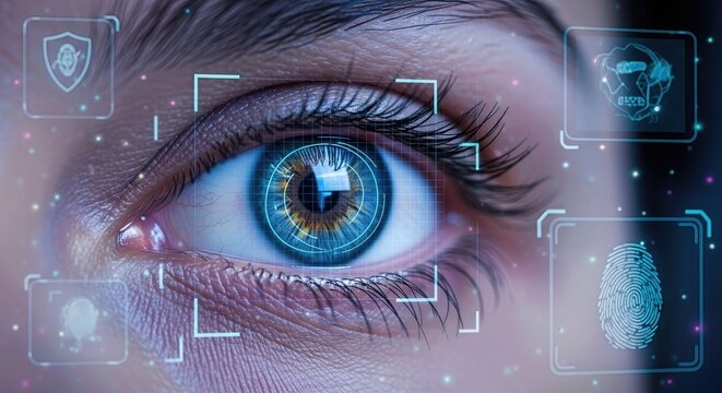 Human eye glowing with digital scanning interface for biometric identification. Secure personal access system, identity verification, privacy protection concept.