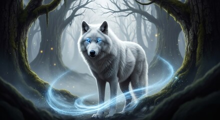 Mystical White Wolf with Glowing Blue Eyes in Dark Fantasy Forest with Magic Swirls