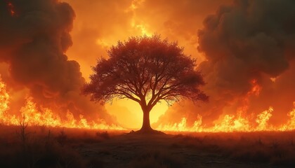 Naklejka premium Solitary tree stands against raging inferno, flames engulfing landscape under dramatic night sky. Smoke billows, creating ominous apocalyptic scene. Intense heat, glowing embers, symbol of nature