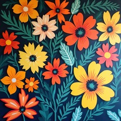 Illustration of vibrant floral mural art installation in urban space. Features bright environment, decorative concept with playful, imaginative shapes. Lively colors, cheerful botanical pattern of