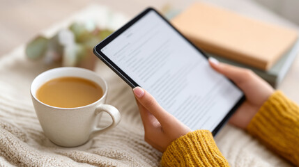 Digital learning on tablet with flashcards and coffee for cozy study environment