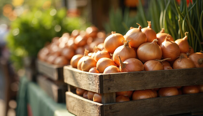 Wooden crates overflow with fresh, golden onions at outdoor farmers market. Sunlight illuminates harvest, natural produce. Green plants in background suggests rural setting. Support local farmers