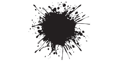 Circular black ink blot with radiating splatters and a messy grunge texture.